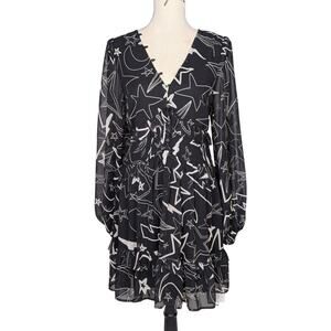 ASOS Design Ruffled Long Sleeve Mini Dress Star Print Black and White Size 8